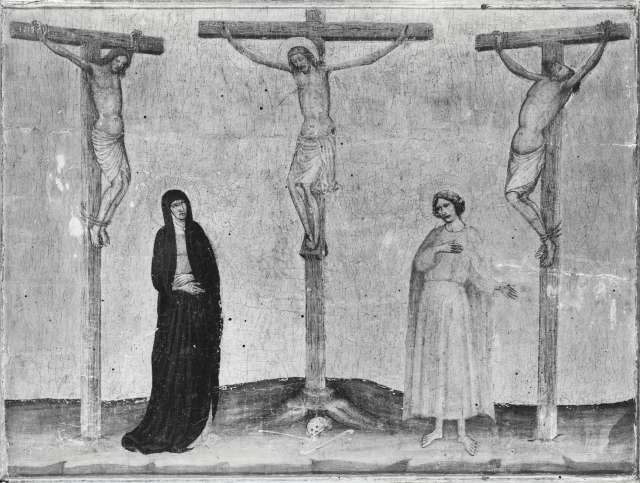 Anonimo — Lippo di Andrea - sec. XIV/ XV - Crocifissione di Cristo con la Madonna e san Giovanni Evangelista — pannello centrale